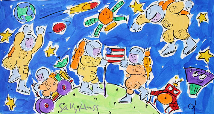 Space Painting - Spacemen Blue by Sally Huss Space Painting - Spacemen Blue by Sally Huss