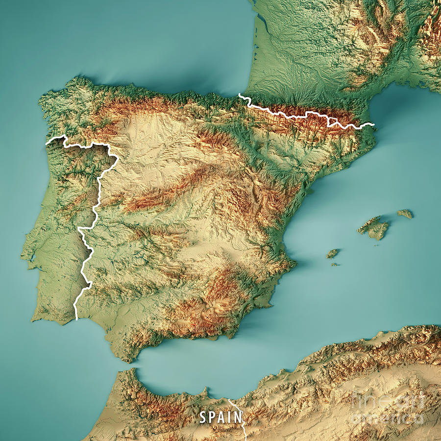 Spain Country 3D Render Topographic Map Border Digital Art by Frank ...