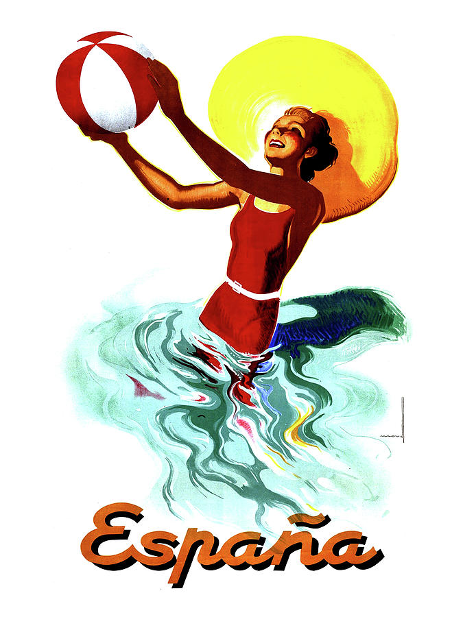 Vintage Painting - Spain, Girl is playing with beach ball in water by Long Shot