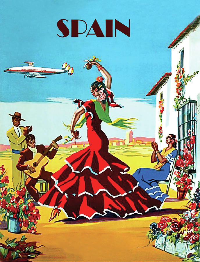 Spain, traditional dance and music, airline travel poster Painting by Long Shot