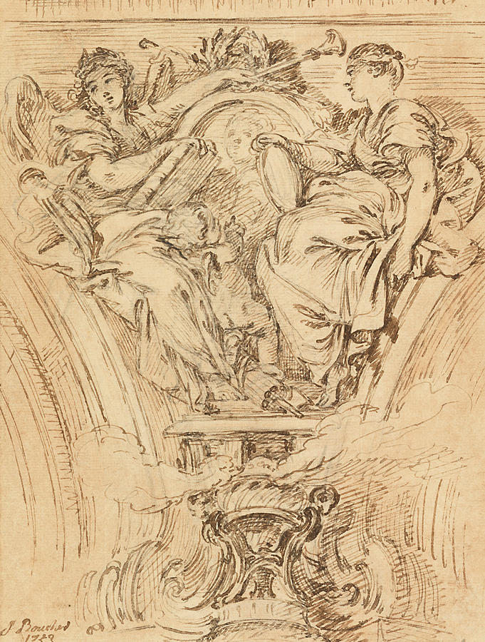 French Artist Drawing - Spandrel Decoration - Fame And Truth Applauding Louis Xv by Francois Boucher French Artist Drawing - Spandrel Decoration - Fame And Truth Applauding Louis Xv by Francois Boucher