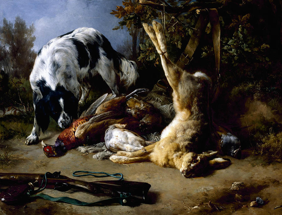 Spaniel with a Still Life of Dead Game Painting by Jacques Raymond Brascassat