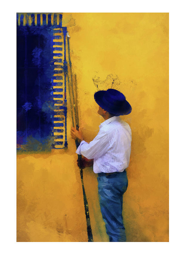 Spanish Man at the Yellow Wall. Ltd Edition of only 25 Fine Art Giclee Prints Photograph by Jenny Rainbow