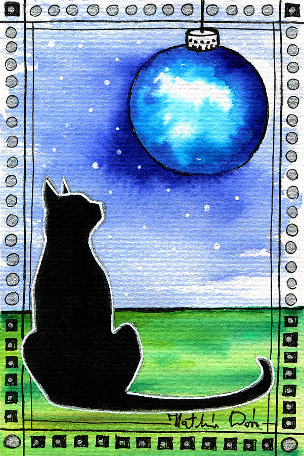 Sparkling Blue Bauble - Christmas Cat Painting by Dora Hathazi Mendes