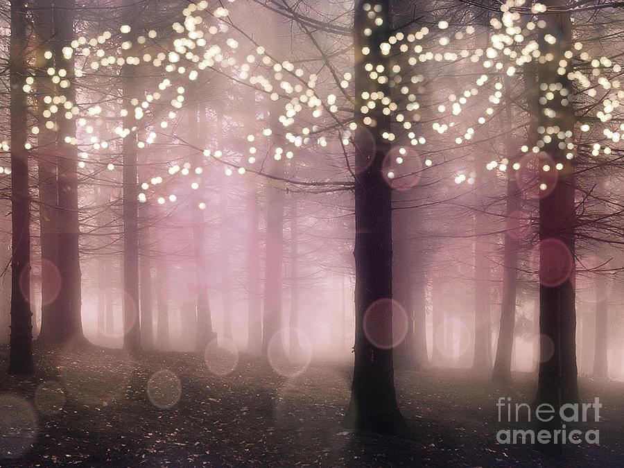 Fantasy Photograph - Sparkling Fantasy Fairytale Trees Nature Pink Woodlands - Sparkling Lights Bokeh Fantasy Trees by Kathy Fornal