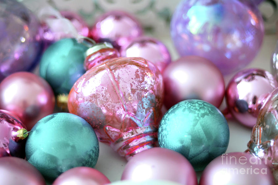 Sparkling Holiday Christmas Pink Aqua Lavender Ornaments - Holiday Ornaments Prints Home Decor Photograph by Kathy Fornal