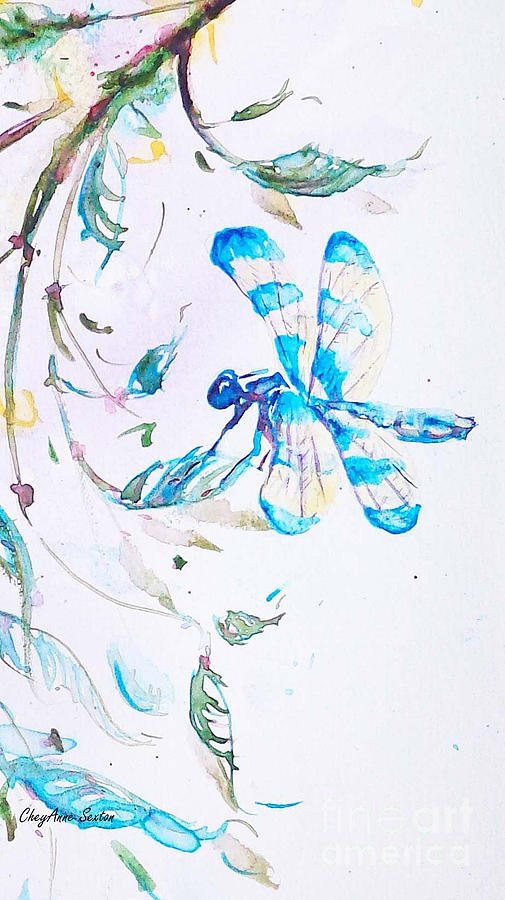 Blue Painting - Sparkly Blue DragonFly watercolor by CheyAnne Sexton