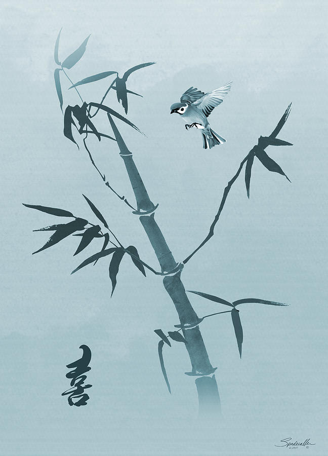 Sparrow And Bamboo Digital Art by M Spadecaller