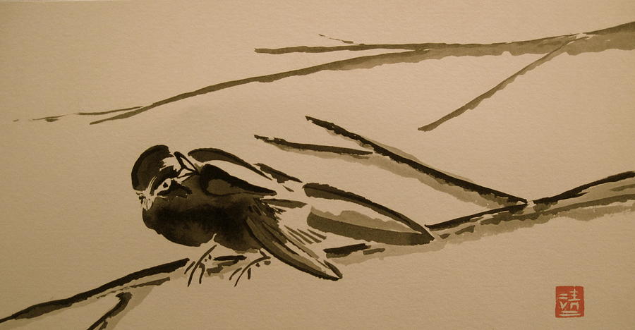 Sparrow in Sumi-e Painting by Jeff DOttavio
