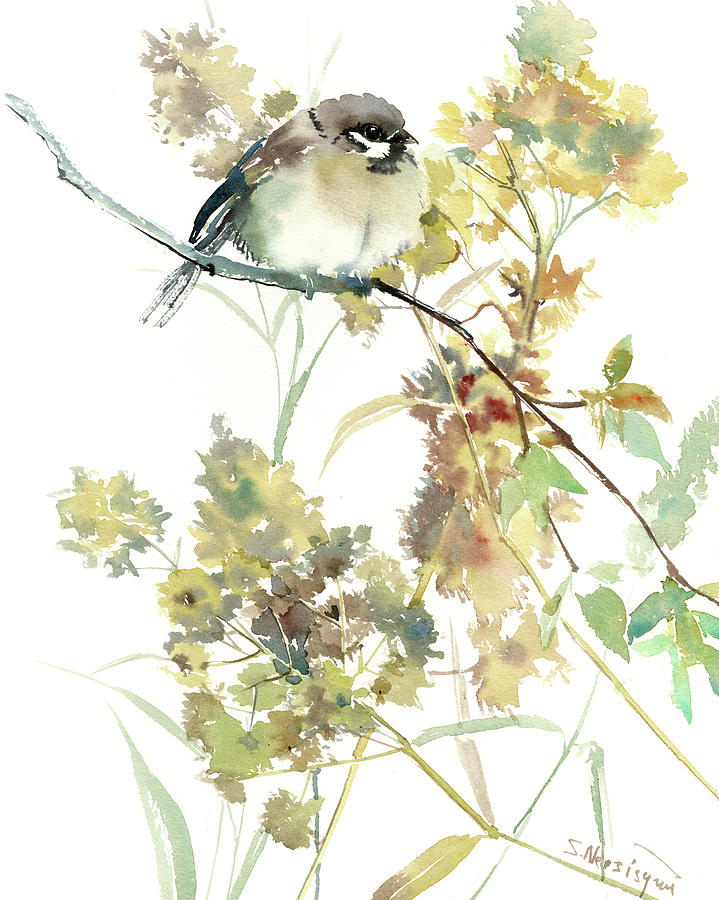 Sparrow and Dry Plants Painting by Suren Nersisyan