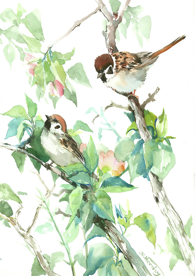 Sparrows and Apple Blossom Painting by Suren Nersisyan
