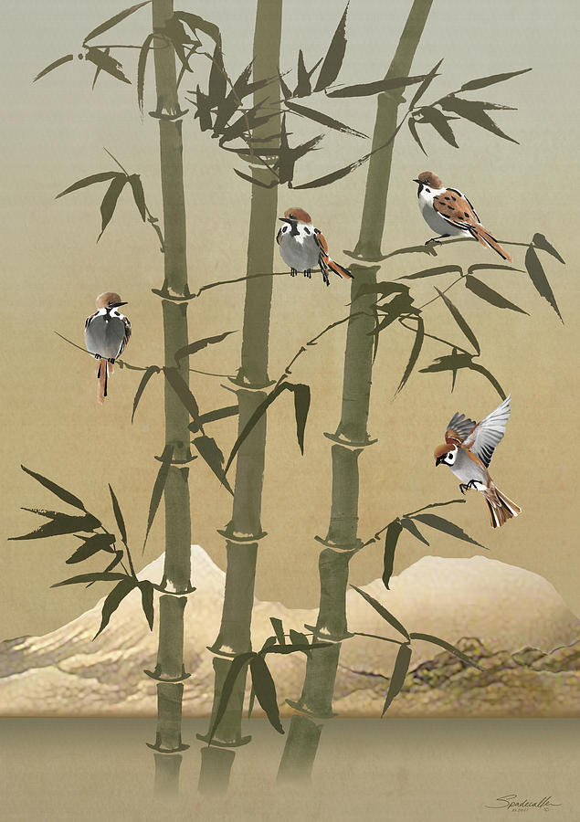 Sparrows And Bamboo  Digital Art by M Spadecaller