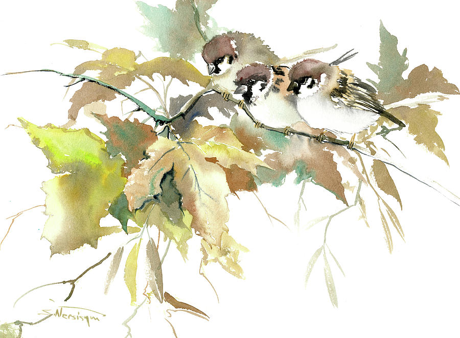 Sparrows and Fall Tree Painting by Suren Nersisyan