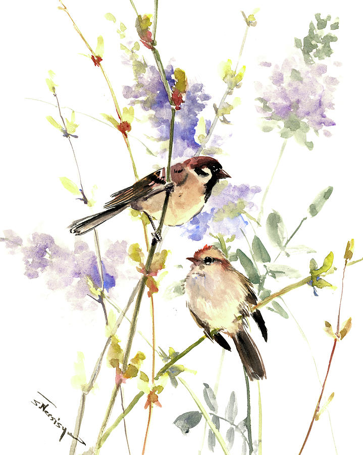 Sparrows and Spring Painting by Suren Nersisyan