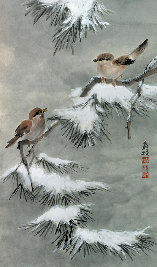 Sparrows on Snowy Pine Painting by Charlene Fuhrman-Schulz