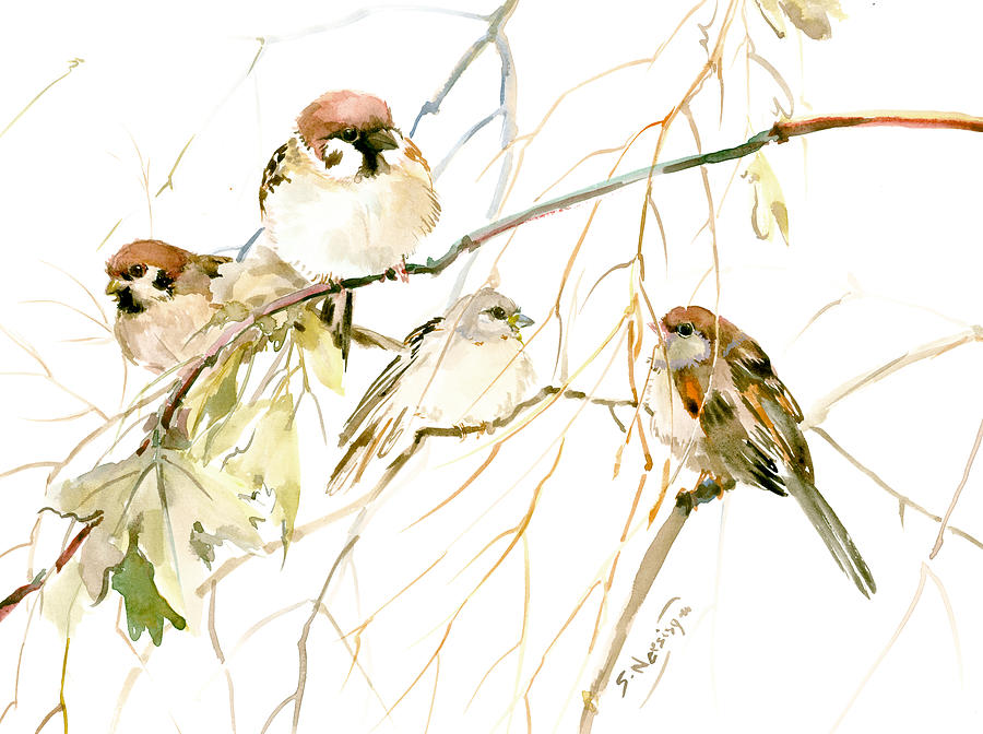 Sparrows Painting by Suren Nersisyan