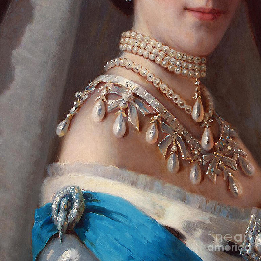 Historical fashion, royal jewels on Empress of Russia, detail Painting by Tina Lavoie