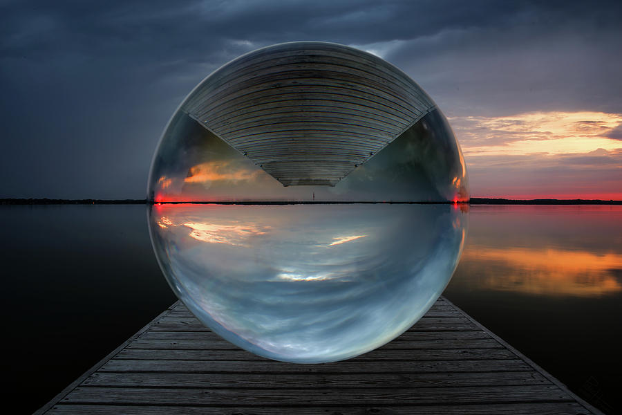 Spherical Sunrise - sunrise at Lake Kegonsa seen through 4inch crystal sphere with dock Photograph by Peter Herman