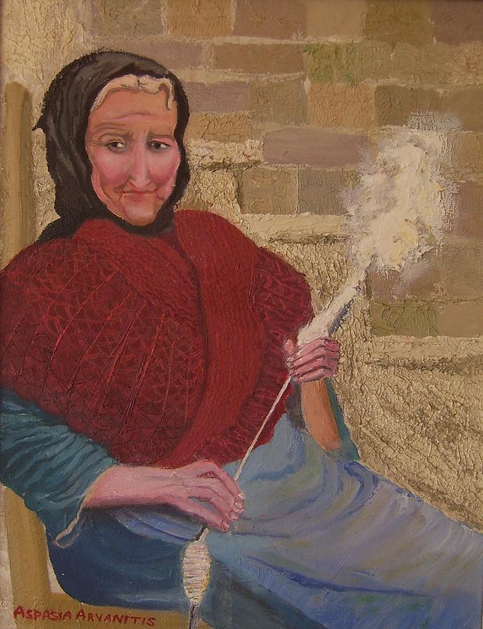 Portrait Painting - Spinning wool in rural Crete Greece by Aspasia Arvanitis