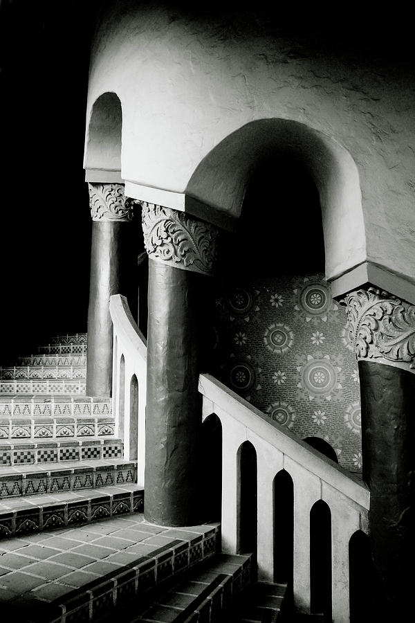 Santa Barbara Spiral Stairs- Black and White Photo by Linda Woods Mixed Media by Linda Woods