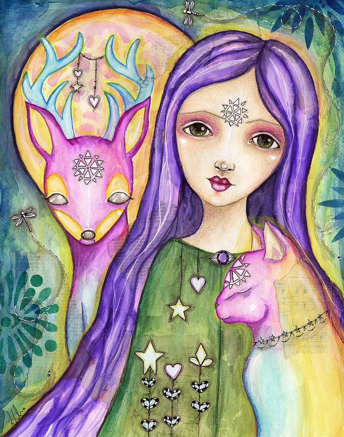 Spirit Animal Guides Girl Portrait Mixed Media Painting by Lori ...