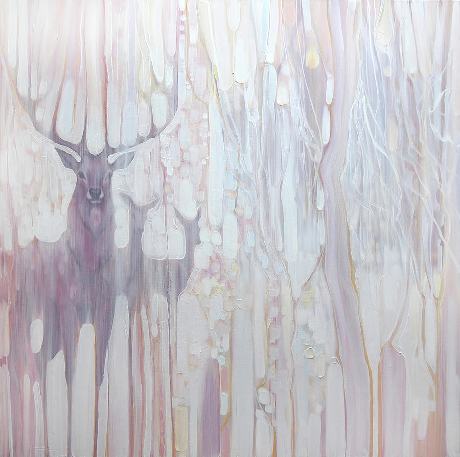 Spirit Guides - deer in a winter forest Painting by Gill Bustamante