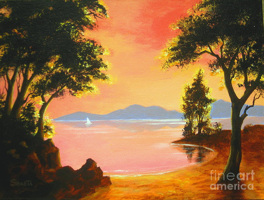 Sunset Painting - Spirit  Lake by Shasta Eone