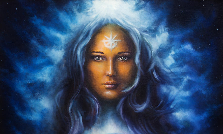 Spiritual painting woman goddess with long blue hair holdingn e Painting by  Jozef Klopacka - Fine Art America