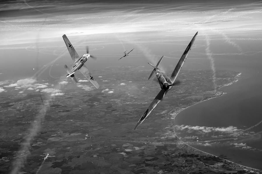 Spitfire and Bf 109 in Battle of Britain duel BW version Digital Art by Gary Eason