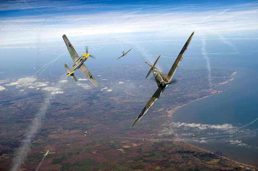 Airplane Digital Art - Spitfire and Bf 109 in Battle of Britain duel  by Gary Eason