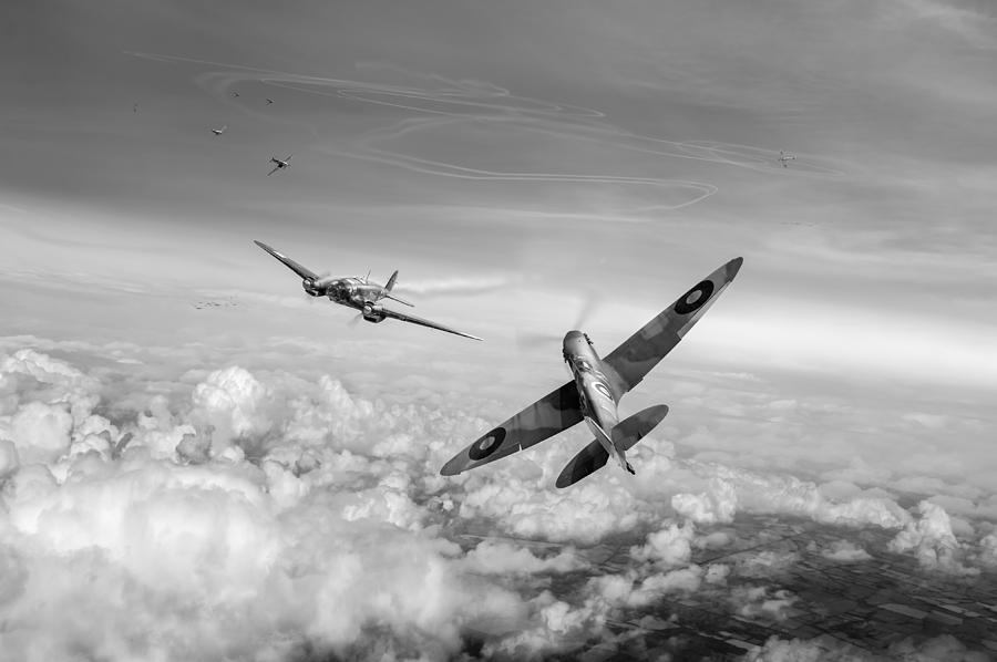 Spitfire attacking Heinkel bomber black and white version Photograph by Gary Eason