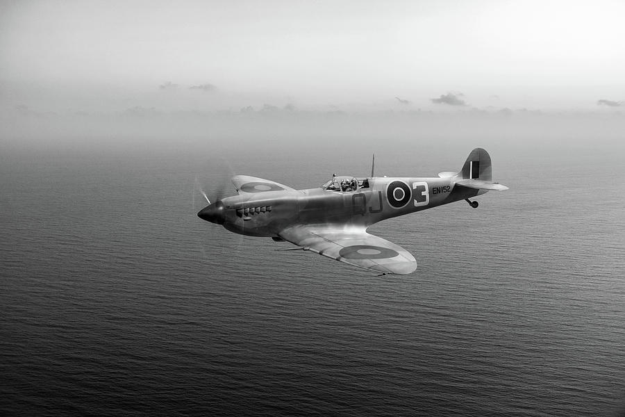 Spitfire EN152 over Gulf of Tunis black and white version Photograph by Gary Eason