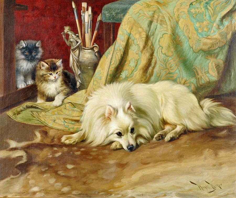 Spitz Dog with Two Kittens beside  Painting by MotionAge Designs