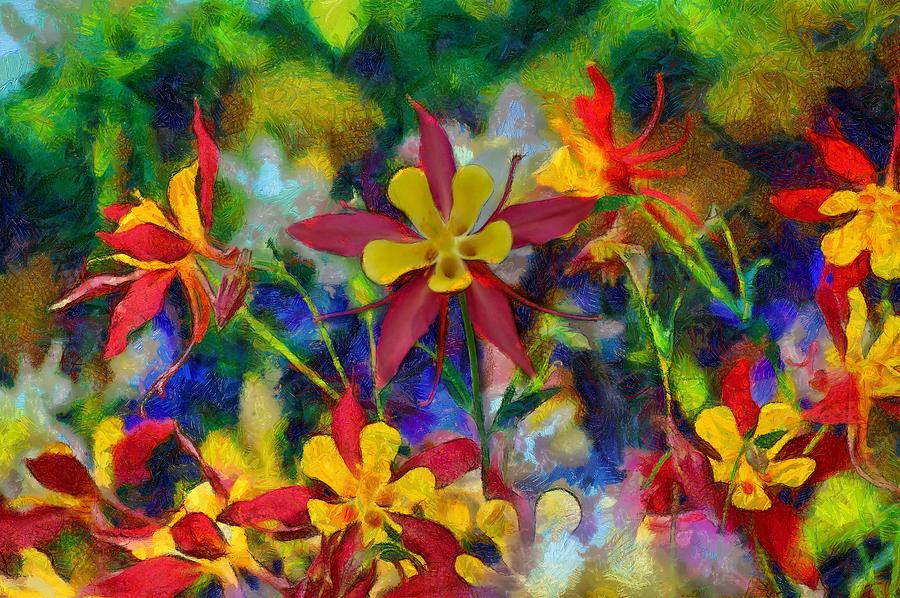 Flower Digital Art - Columbine splash of colour by Jean-Marc Lacombe