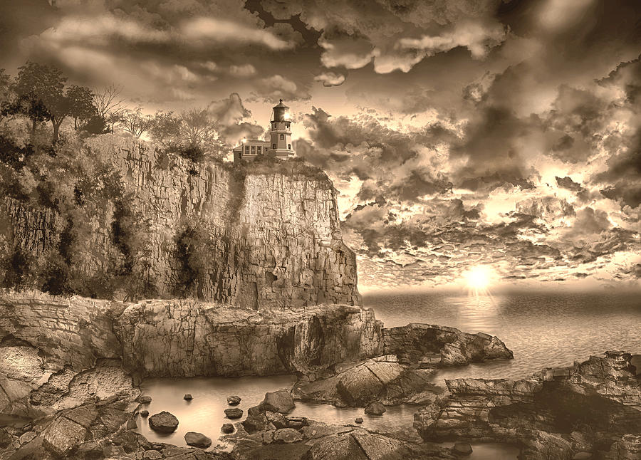 Split Rock Lighthouse Sepia Painting by Bekim M