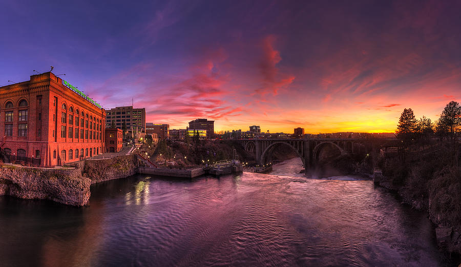 Sunset Photograph - Spokane Falls Sunset Panorama by Mark Kiver
