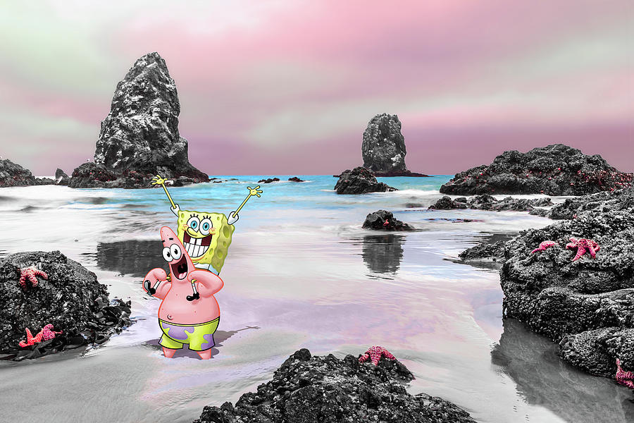Spongebob And Patrick Play In Low Tide At Canon Beach Digital Art