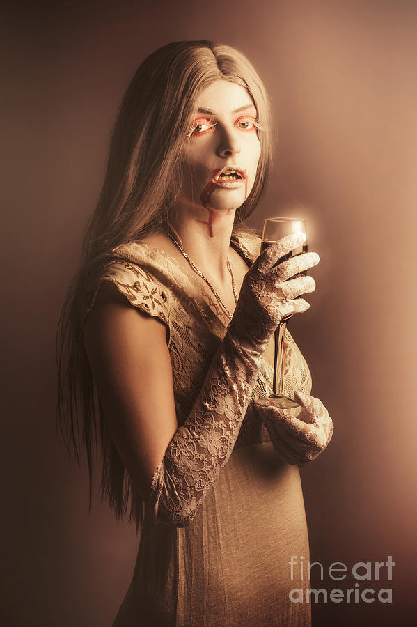 Halloween Photograph - Spooky vampire girl drinking a glass of red wine by Jorgo Photography