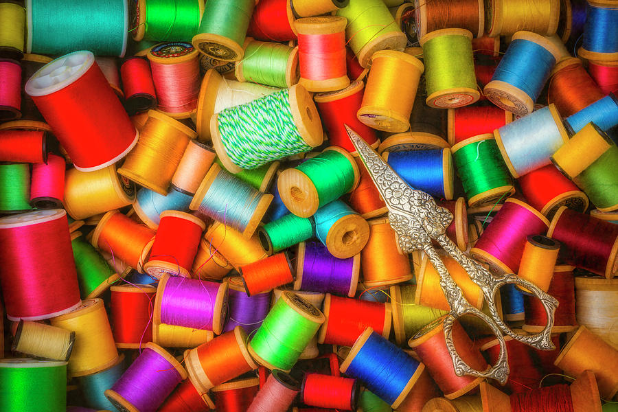 Still Life Photograph - Spools Of Threads And Scissors by Garry Gay
