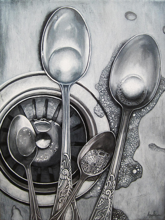 Spoons Painting - Spoons realistic still life acrylic painting by Linda Apple
