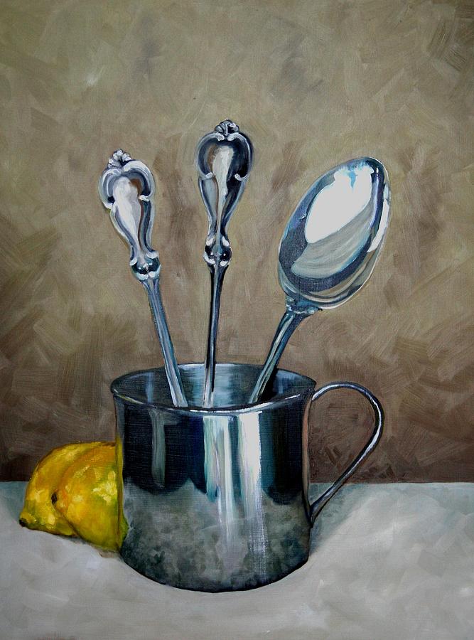 Lemon Painting - Spoons Lemons and a Baby Cup by Amy Higgins