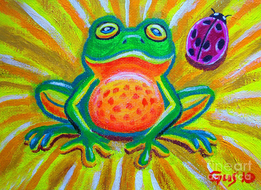 Frog Painting - Spotted frog and ladybug by Nick Gustafson