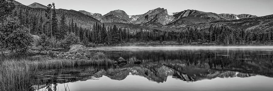 Black And White Photograph - Sprague Lake Morning Mountain Landscape Panorama - Black and White by Gregory Ballos