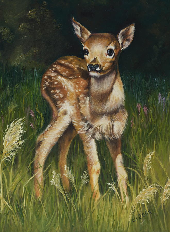 Spring Baby fawn Painting by Theresa Cangelosi