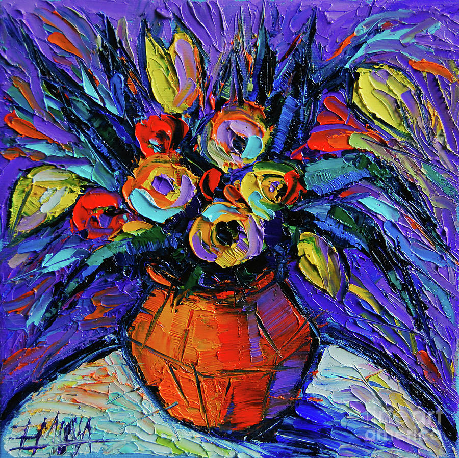 Spring Bouquet in Orange Vase - Impasto Palette Knife Oil Painting Painting by Mona Edulesco