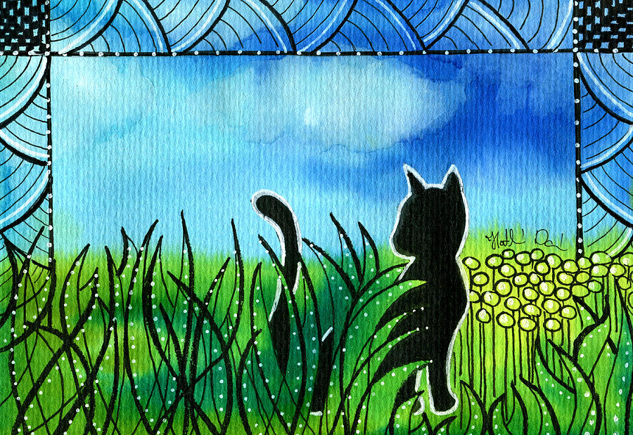 Spring Breeze - Black Cat Card Painting by Dora Hathazi Mendes