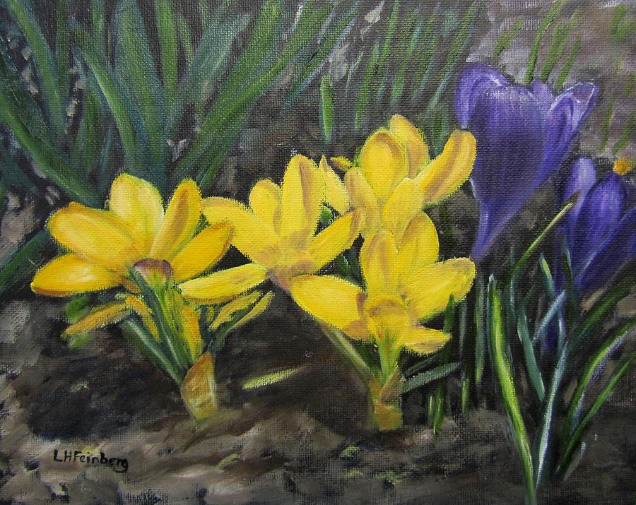 Spring crocuses Painting by Linda Feinberg