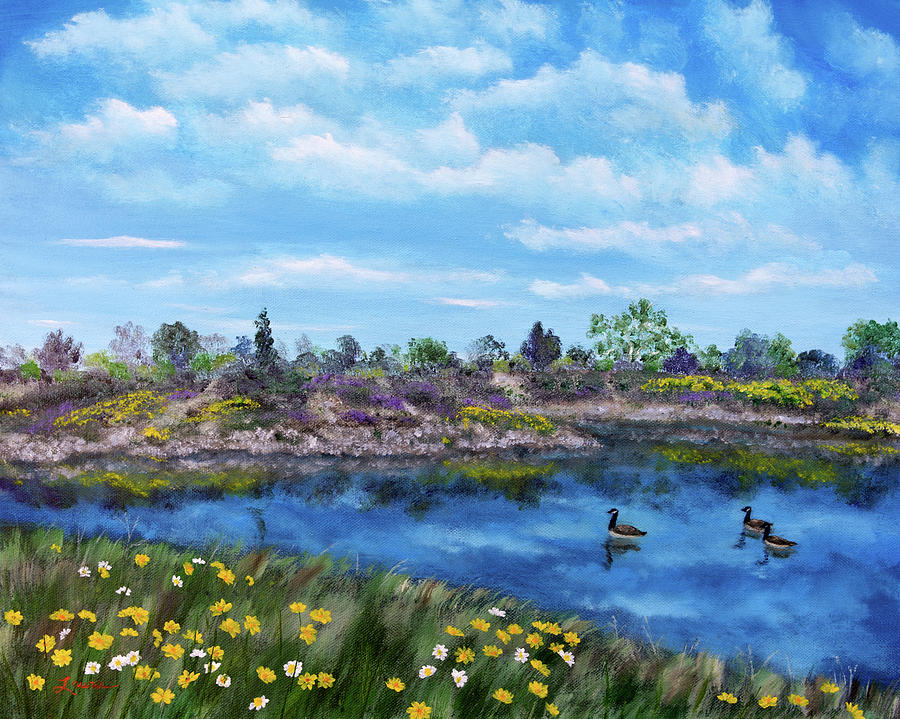 Spring Daisies at Los Gatos Lake Painting by Laura Iverson