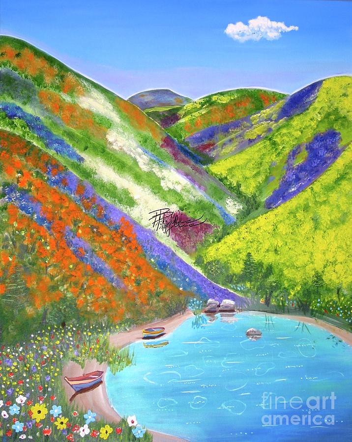 Spring Flowers and Lake Painting by Phyllis Kaltenbach