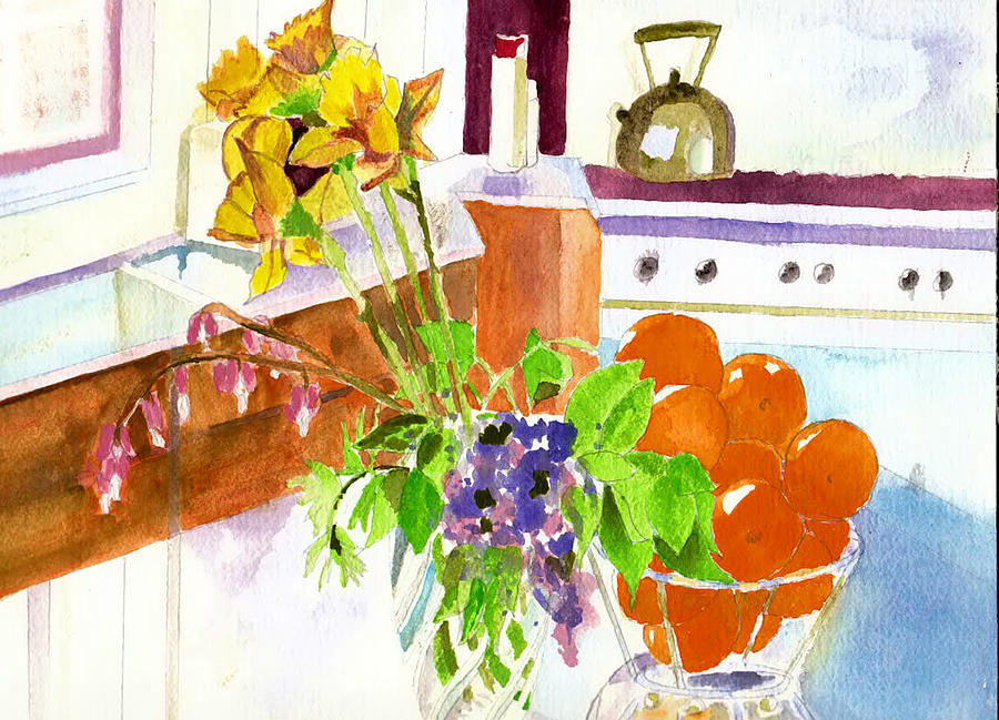 Tea Painting - Spring Flowers Still Life With Oranges by Nancy Wilt